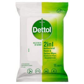 Dettol 2 in 1 Hands and Surfaces Antibacterial wipes 15 pack