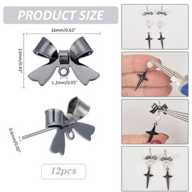 CRAFTYMELODY 12Pcs Metal Bowknot Stud Earring Finding Black 11x16mm Bow Shape Studs with Loop Earring Posts for DIY Jewelry Making Earrings Supplies Crafts Dangle Earrings Supplies