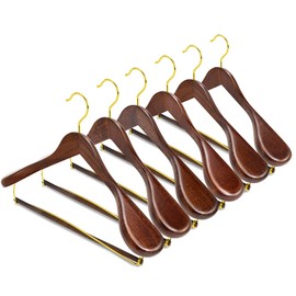Amber Home 6 Pack Retro Wide Shoulder Wooden Suit Coat Hangers with Locking Bar, Smooth Finish 360° Swivel Gold Hook Solid Wood Jacket Clothes Hangers for Sweater, Pants, Heavy Clothes