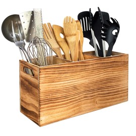 Wood Utensil Holder Organizer for Counter - Large Wooden Utensil Caddy for Countertop - 3 Compartment Cooking Tool Storage for Spatula - Farmhouse Kitchen Decor and Accessories