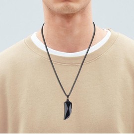 coai Stainless Steel Necklace with Wolf Tooth Pendant, Base Metal, obsidian