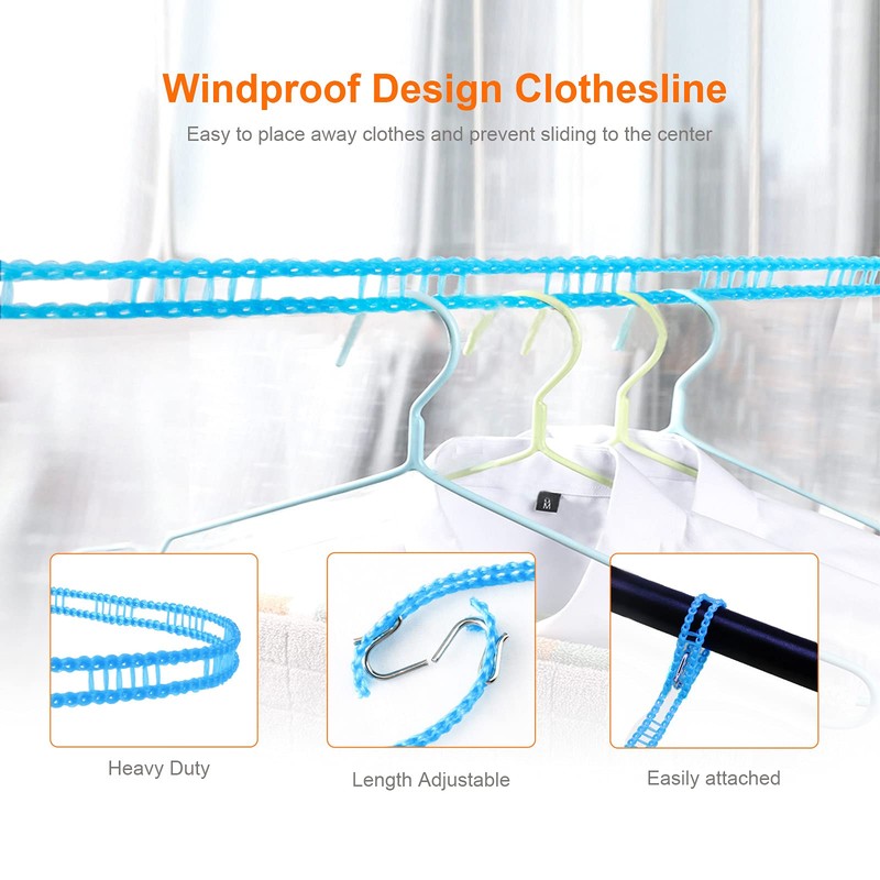 HISAFA 2 Pack Windproof Clothes Line with Hooks 16.4 feet