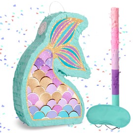 Mermaid Tail Pinata - Mermaid Pinata with Blindfold and Bat for Girls Kids Ocean Theme Birthday Party Game Decorations (Small Size 17”x12”x3”)