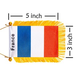 WXTWK 3 X 5 Inch France Flag French Window Hanging Flag Small Mini Car Flags Banners Rearview Mirror Decoration With Suction Cup Golden Fringy Banner