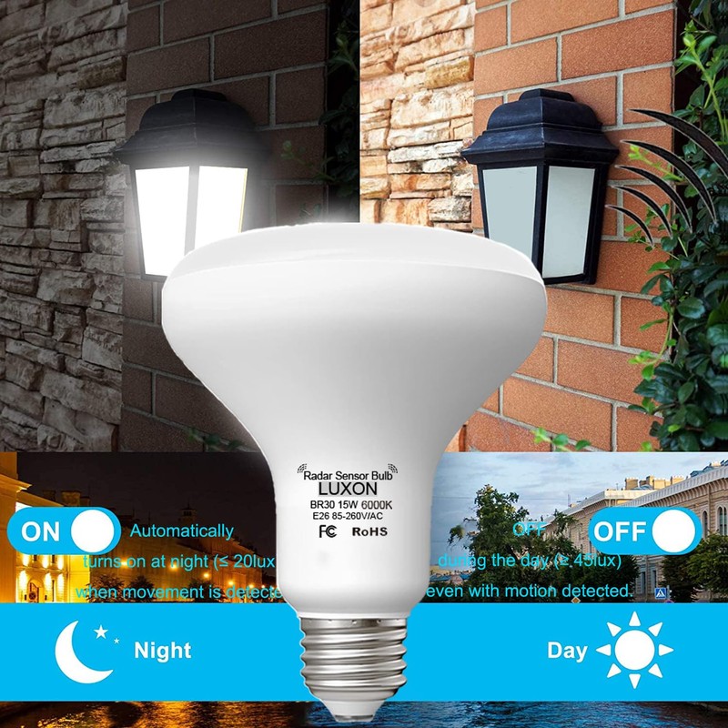 LUXON 15W BR30 Radar Motion Sensor Light Bulbs,Dusk to Dawn