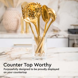 Gold Cooking Utensils Set – 5-Piece Stainless Steel Kitchen Tools for Modern Cooking and Serving – Dishwasher Safe Ladle, Spoon, Spatula, Pasta Fork, Luxury Brass Kitchen Accessories for Home Chefs
