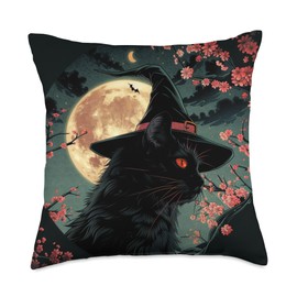 Spooky Black Cat with Witch Hat and Sakura Design Throw Pillow