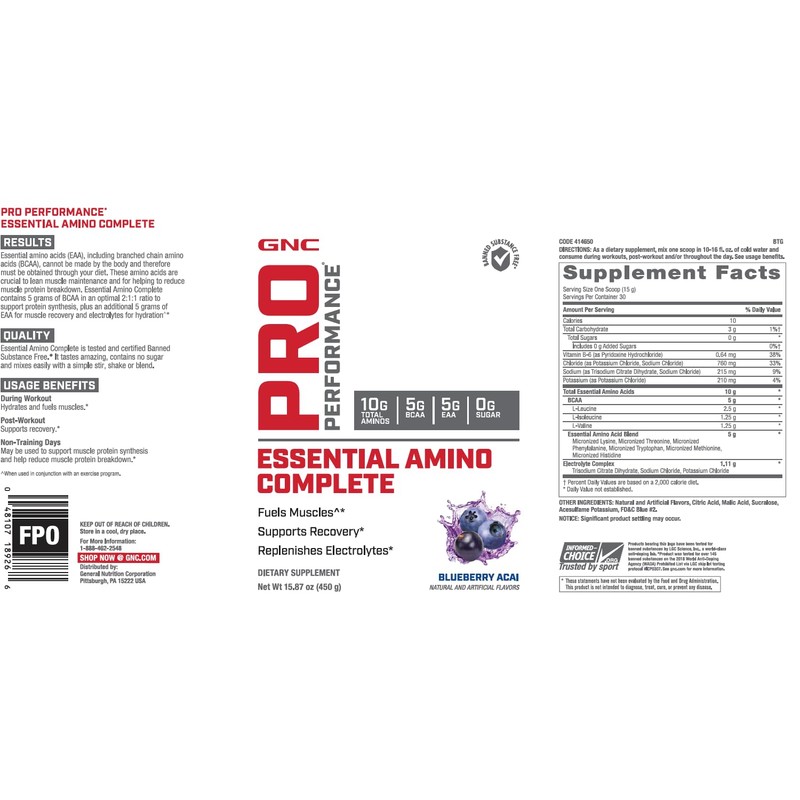 GNC Pro Performance Essential Amino Complete, Blueberry Acai, 30 Servings