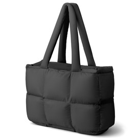 CarryWise Puffer Tote Bag for Women, Large Quilted Puffy Handbag Lightweight Satchel Purse for Work Travel Gym Shop (Black)