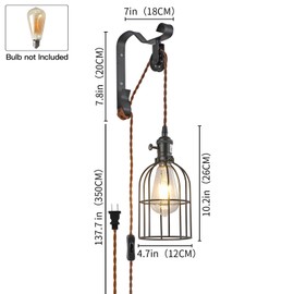 SEEBLE Plug-in Wall Sconces Set of 2 with Adjustable Height, Industrial Vintage Cage Sconce for Bedroom Reading, 6.5FT Cord with Dual On/Off Switches, Black