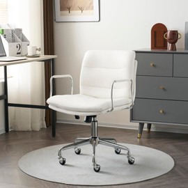 Modern PU Leather Home Office Chair with Padded Seat, Gold/Silver Frame, and Wheels, Upholstered Desk Chair Aesthetic, Adjustable Armrests Swivel Vanity Chair