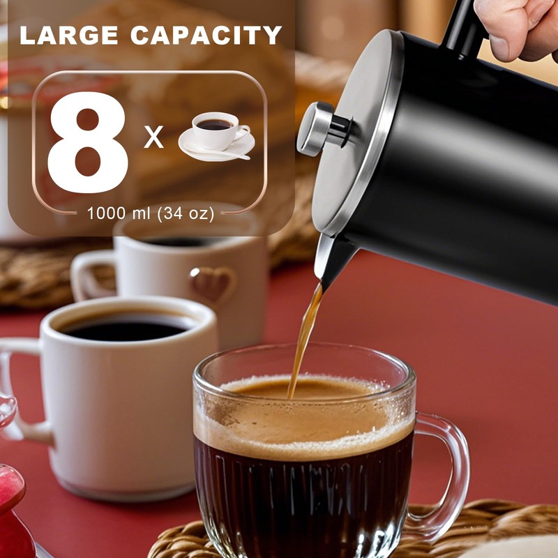 SZHETEFU 34 OZ Large French Press, Premium Stainless Steel Sturdy
