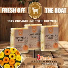 Honey Sweetie Acres 3-Pack All Natural Moisturizing 5 Oz Bars of Handmade Calendula Goat Milk Soap – Nourishing, Eco-Friendly, and Gentle on Skin