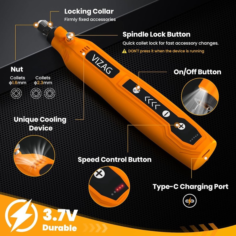 Vizag Mini Cordless Rotary Tool, USB Charging, 5-Speed Rotary Tool