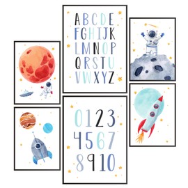 Pandawal Children's Room Pictures Astronaut ABC Poster Decorative Wall Pictures Set of 6 for Children Space DIN A4 & A3 Wall Decoration without Picture Frame
