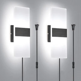 TRLIFE Wall Sconce Plug in, Modern Wall Sconces 12W LED Wall Sconce 6000K Cool White Acrylic Wall Mounted Light Wall Lights with 6FT Plug in Cord and On/Off Switch on The Cord(2 Pack, Black)