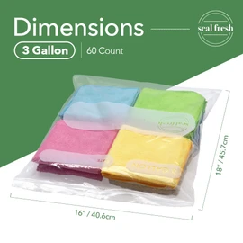 Seal Fresh 3 Gallon Large Plastic Storage Bags – 16" x 18" (60 Count) – Reusuable XXL Extra Large Heavy Duty Clear Jumbo Freezer Zip Lock Bags with Sealable Zipper Top For Clothes, Travel, Moving