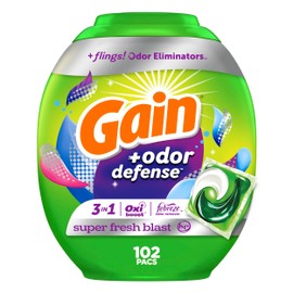 Gain Flings Laundry Detergent Pacs with Odor Defense, 102 Count, Super Fresh Blast Scent, HE 3in1 Detergent Pacs with Febreze and OxTo be updated