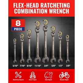 WORKPRO 8-piece Flex-Head Ratcheting Combination Wrench Set, SAE 5/16-3/4 in, 72-Teeth, CR-V Constructed, Nickel Plating with Organizer Bag