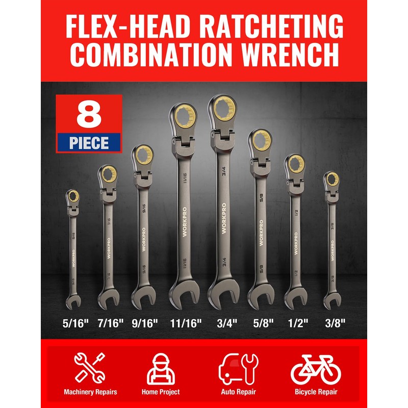 WORKPRO 8-piece Flex-Head Ratcheting Combination Wrench Set, SAE 5/16-3/4 in,