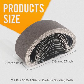 Xrkuu 12PCS Sanding Belt 75 x 533mm, 3 x 21Inch Silicon Carbide Sanding Belt 60 Grit, Abrasive Belts Set for Belt Sander Grinding and Polishing Wood, Metal, Furniture