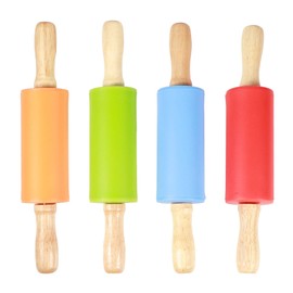 4PCS Rolling Pin NonStick Silicone Mini Wooden Handle Rolling Pins for Home Kitchen Children Baking Tool