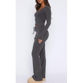 Dressmine Womens Loungewear Sets Two Pieces Elasticity Clothes Button Down Long Sleeve V Neck Matching Sets Grey Medium