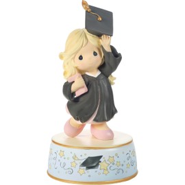 Precious Moments Resin Figurine: Graduation Musical with Blonde Girl in Black Gown, Celebratory Keepsake for Graduation from Kindergarten to Grad School, Plays Pomp and Circumstance