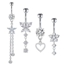 Incaton 14G Belly Button Rings Butterfly Heart Diamond, Stainless Steel Dangle Belly Rings For Women, 6mm Short Bar/ 10mm Hypoallergenic Navel Piercings Silver 10mm