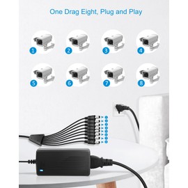 ALITOVE Security Camera Power Supply Adpter 12V 5A with 8 Way Power Splitter Cable 5.5x2.1mm, 100-240V 50-60Hz AC to DC Converter for Analog AHD CCTV DVR Surveillance System (Extended Version 14.5ft)