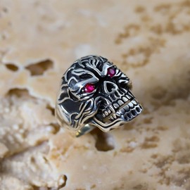 Solid 925 Sterling Silver CZ Cubic Zirconia Ruby Color Red Eyes Retro Gothic Biker Skull Luxury Men's Ring (10)