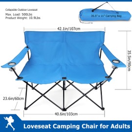 Leonyo Loveseat Camping Chair, Outdoor Folding Double Seat Lawn Chairs for Adults with 2 Cup Holders, 600D Oxford Fabric Portable Camp Chairs with Carrying Bag for Beach, Backyard, Fishing, Blue