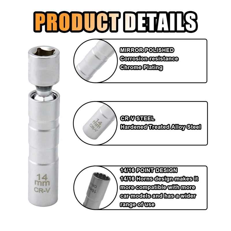 JOYCOURT 14mm&16mm Magnetic Swivel Spark Plug Socket, Thin Wall 3/8