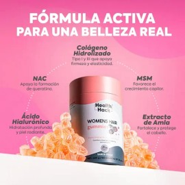 Health Hack Womens Hair en Gomitas con 18 Ingredientes para Cabello, Piel y Uñas, 1140 mg de Colágeno I y III, MSM, L-Cisteína, L-Lisina, Bambú, Bioti