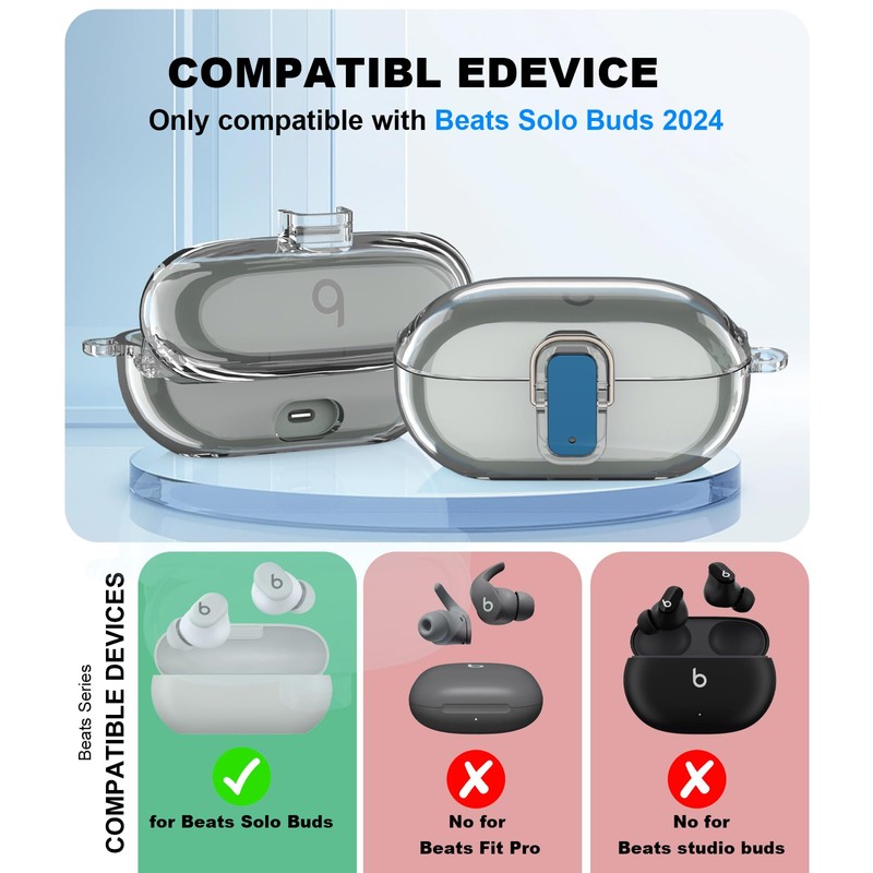 Transparent Case Compatible with Beats Solo Buds (2024) with Carabiner