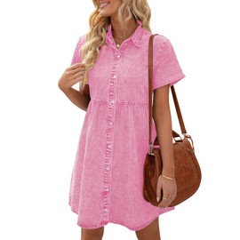 LookbookStore Pink Dresses for Women Valentines Day Pink Dress 2024 Summer Short Jean Dress Casual Short Sleeves Babydoll Denim Dress for Women Size L