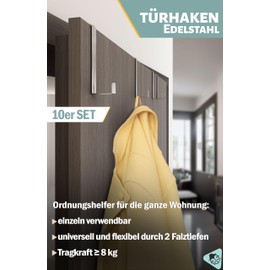 Menz Door Hooks, Set of 10 - Stainless Steel Door Hooks for Hanging, Universal Door Coat Rack for Hanging - Robust Coat Hooks Door, Door Hook Rail for Hanging