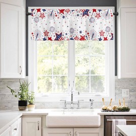 CosyBright Red Blue Stars Firework Window Valance 4th of July Window Treatment American Patriotic Rod Pocket Curtain Valance,60x18 inch Independence Day Memorial Day Kitchen Valance for Bathroom Cafe