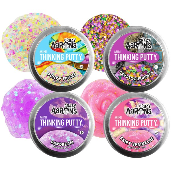 Crazy Aaron's Putty Mini Tins Funky Fidget, Daydream, Cryptocurrency & Fairy Sprinkles Gift Set Bundle - 4 Pack (13.3g Each)