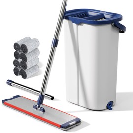 Large Mop and Bucket System with Wringer Set, Hands-Free Flat Mops for Floor Cleaning, Mopping Bucket System with 8 Washable Microfiber Pads for Wet and Dry Use, Home Windows and Wall Cleaner Mop