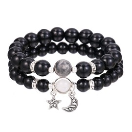 HXLJHALG 2Pcs Matching Bracelets for Couples, Adjustable 6mm Natural Stone Beads Bracelet Moon & Star Couple Bracelets, Beaded Jewellery Gifts for Lovers Boyfriend, Girlfriend