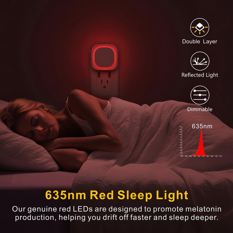 YUNLEX 2 Pack Plug in Red Sleep Night Light, Auto