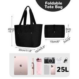 Outplea 18L Faltbar Handtasche Damen, Wasserdichte Tote Bag Strandtasche Klein, Wasserdichte Shopper Tasche für Uni, Arbeitstasche für Büro, Schwarz