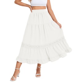Belle Poque Women Boho Chic Midi Skirt Flowy High Waisted Tiered Maxi Skirts Pockets Beach Vacation White M