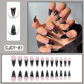 Press on Nails Pointed Almond Glossy Full Cover Acrylic Almond Medium Length Black French False Nails with Silver Line Designs Artificial Fake Nails Glue ons Nails Stick on Fingernails for Women