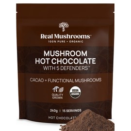 Real Mushrooms Organic Hot Chocolate Mix with Reishi, Turkey Tail, Chaga, Shiitake, Maitake – Cacao Powder Organic Mushroom– 5 Defenders Mushroom Cacao Powder, Vegan, Gluten-Free, 15 Servings