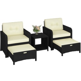 Yaheetech Balcony Furniture Outdoor 5 Piece Patio Conversation Set, PE Wicker Rattan Sofa Lounge Chairs, Side Table & Ottomans with Cushions & Pillows for Backyard, Porch, Garden, Black/Beige