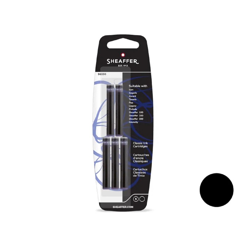 Sheaffer(R Pen Refills, Ink Cartridges, Jet Black, Pack Of 5
