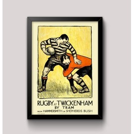 Vintage London Underground 'Rugby at Twickenham', 1921, Reproduction Vintage Art Deco English Travel Poster (A4 Framed - Black Frame)