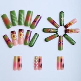 24 Pcs Press on Nails Long Square YEFIUO Green Nail Tips Acrylic Nail Kit Fake Nails Press ons Stick on Nails Full Cover Reusable Artificial False Nails Fall Flowers Charms Glue on Nails for Women